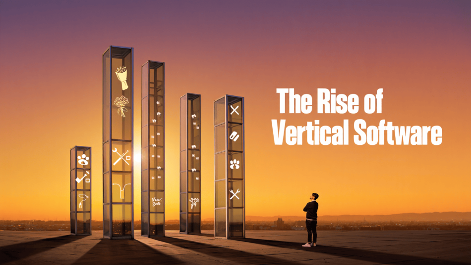 The Rise of Vertical Software with a man looking at towers of software